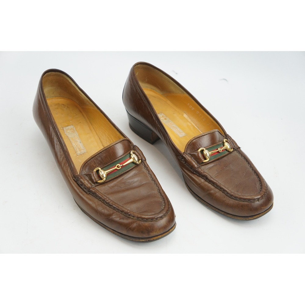 Gucci Horsebit Loafers 36.5 B Brown Leather Web Stripe Vintage Good condition